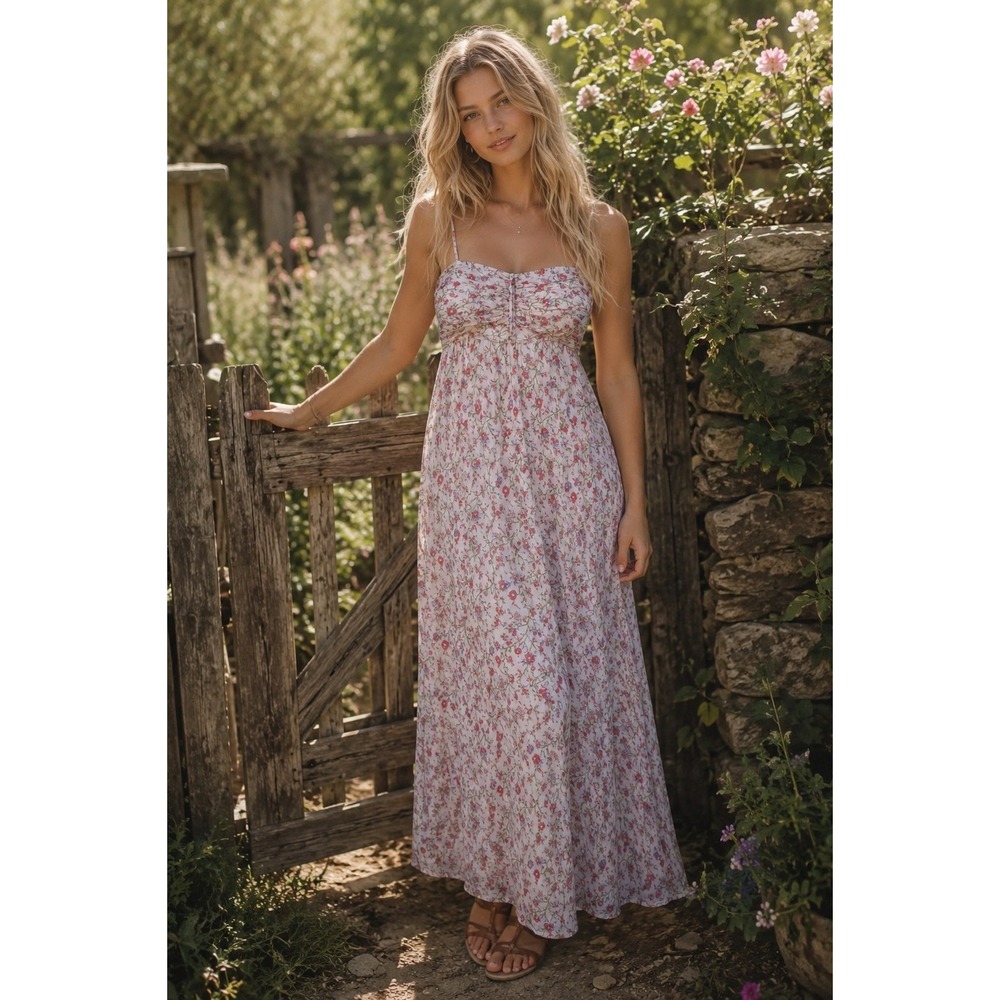 Zara Silk Floral Babydoll Maxi Dress Size L Romantic Ethereal Fairy Feminine